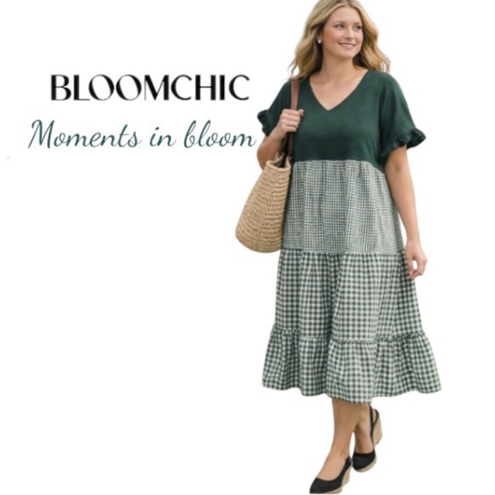 22-24 BLOOMCHIC V-neck Cotton Blend Ruffles Gingham Dress